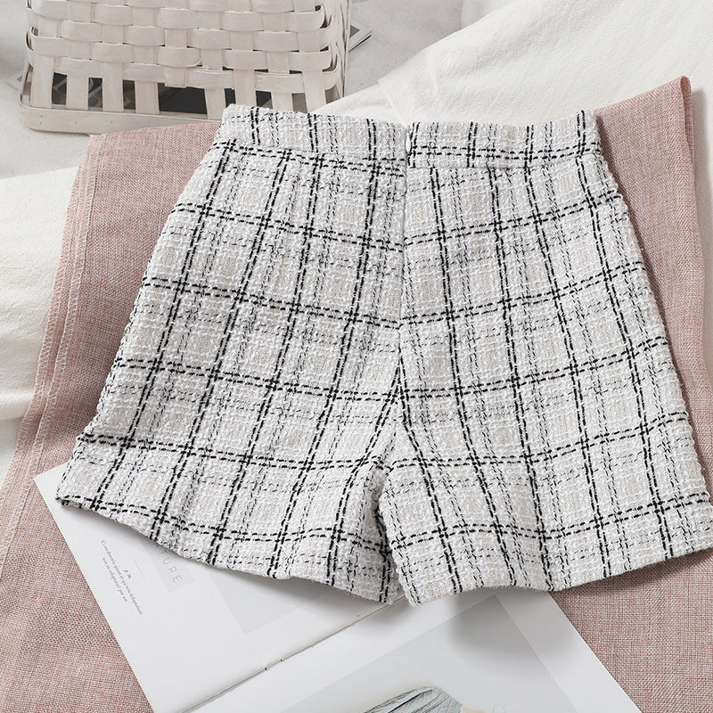 Versatile Age Reducing Irregular Plaid Skirt Pants Korean Version High Waist Tweed Shorts Wide Leg Pants Straight Pants