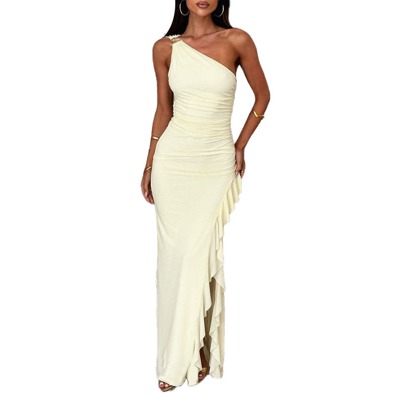 Women's Slant-Shoulder Ruffle-Front Split Dress