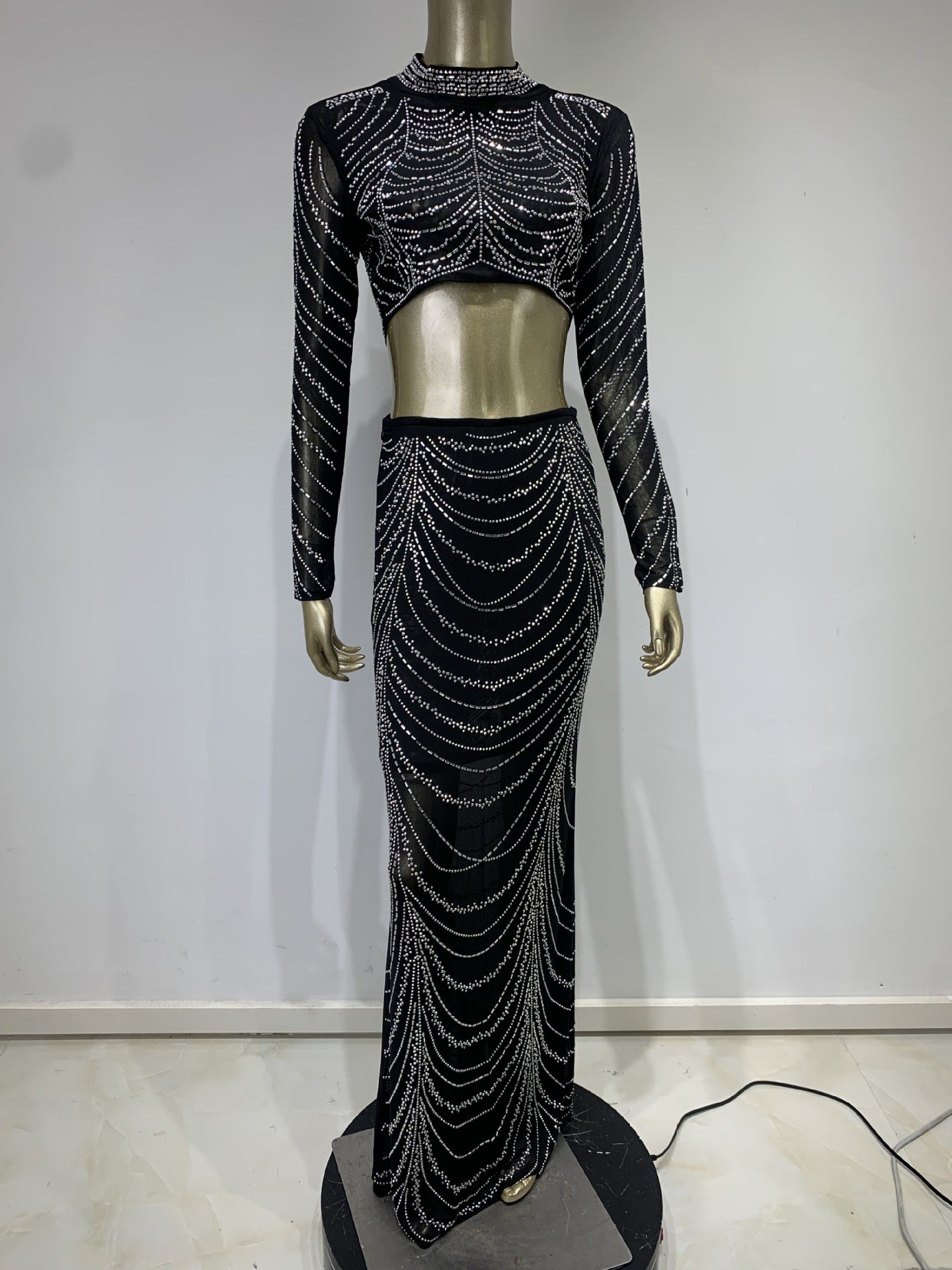 See-through Rhinestone Short Top High Waist Skirt Suit