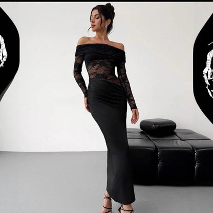 Womens Sexy Hollow-Out Lace Long-Sleeve Dress