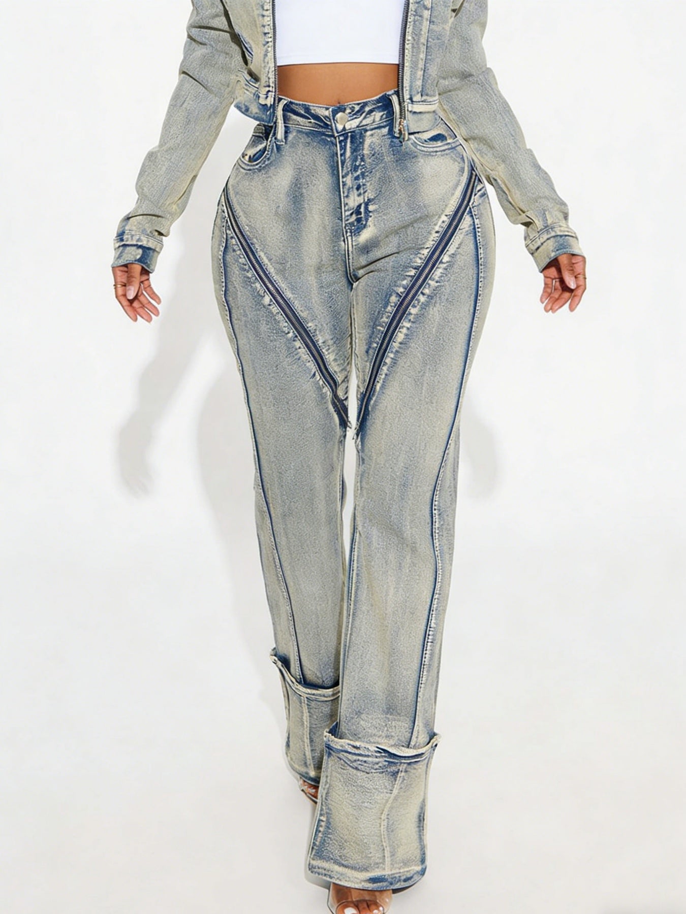 New Fashionable And Sexy Women's High Elasticity Washed Zipper Denim Pants