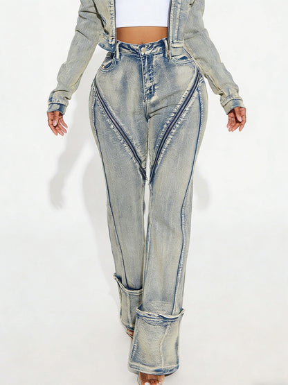New Fashionable And Sexy Women's High Elasticity Washed Zipper Denim Pants