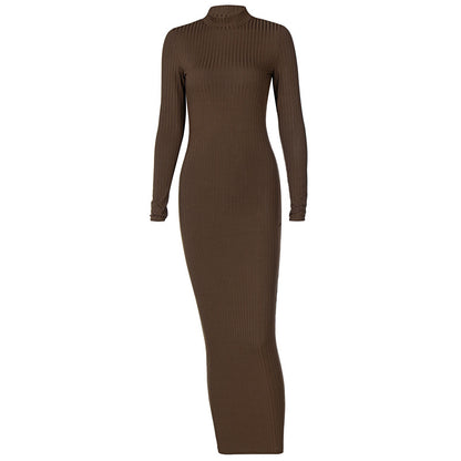 Spring And Summer New Sexy Open Back Round Neck Long Sleeve Dress