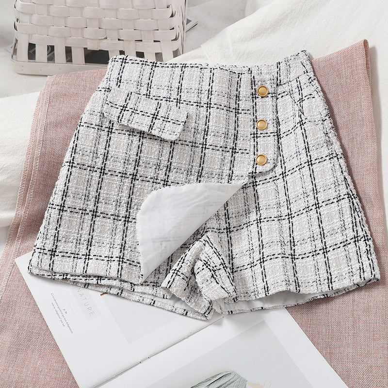 Versatile Age Reducing Irregular Plaid Skirt Pants Korean Version High Waist Tweed Shorts Wide Leg Pants Straight Pants