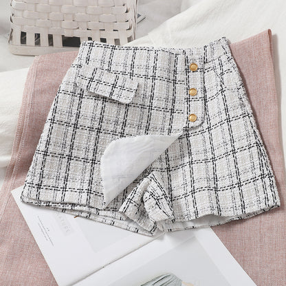 Versatile Age Reducing Irregular Plaid Skirt Pants Korean Version High Waist Tweed Shorts Wide Leg Pants Straight Pants