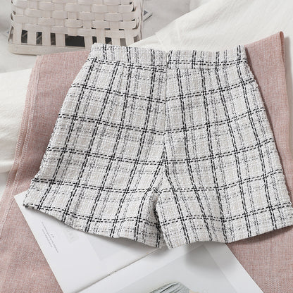 Versatile Age Reducing Irregular Plaid Skirt Pants Korean Version High Waist Tweed Shorts Wide Leg Pants Straight Pants