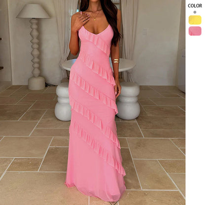 Backless Spaghetti-strap V-neck Dress With Side Slits