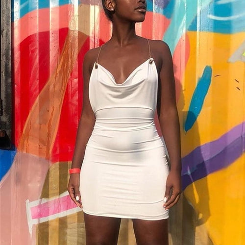 Satin drape elegant backless white dress Women sleeveless