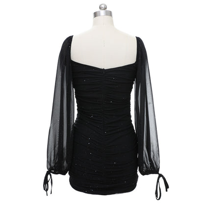 French Hepburn Long Sleeve Deep V Dress