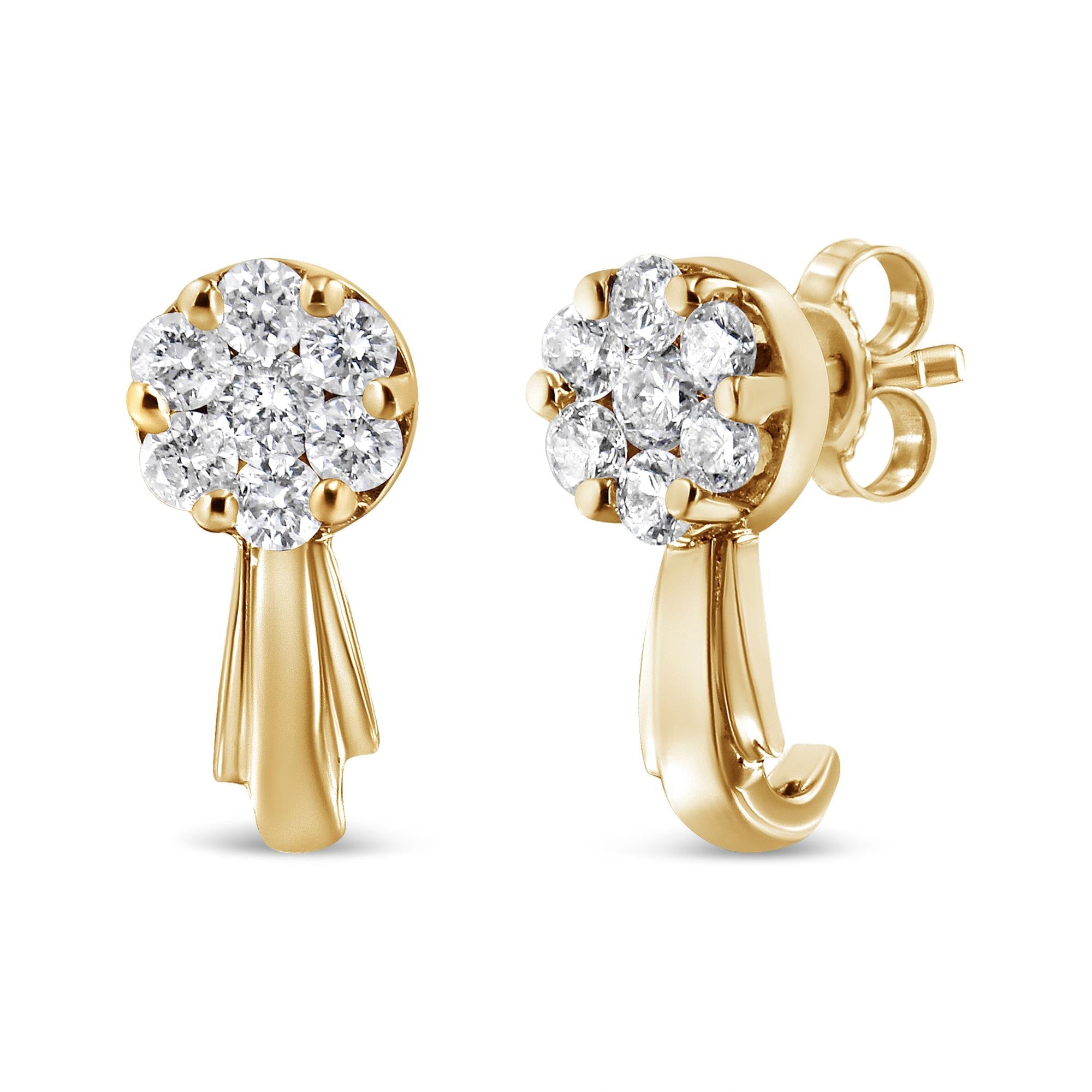 14K Gold 3/4 Cttw Diamond Floral Cluster Drop and Dangle Stud Earrings