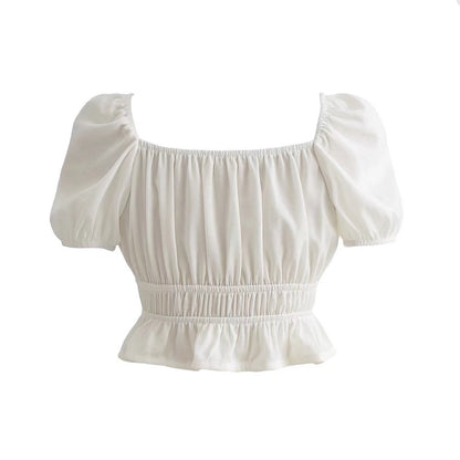 Ruffled Waist French Retro Princess Puff Sleeve Crop Top