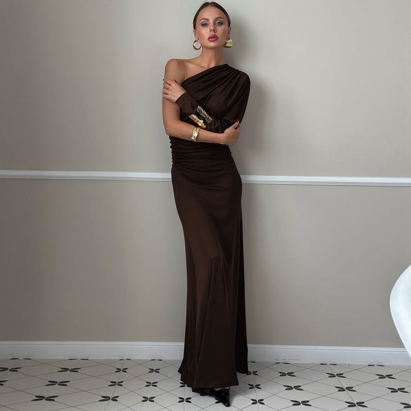 Fashionable Chic Asymmetrical Off-Shoulder One-Sleeve Pleated Maxi Dress