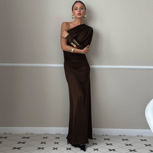 Fashionable Chic Asymmetrical Off-Shoulder One-Sleeve Pleated Maxi Dress