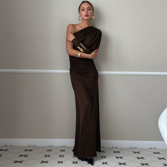 Fashionable Chic Asymmetrical Off-Shoulder One-Sleeve Pleated Maxi Dress