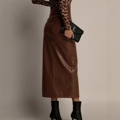 High-waisted Figure-flattering Solid-color Leather Pencil Skirt
