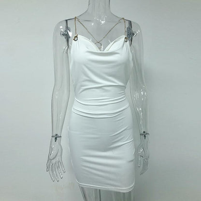 Satin drape elegant backless white dress Women sleeveless