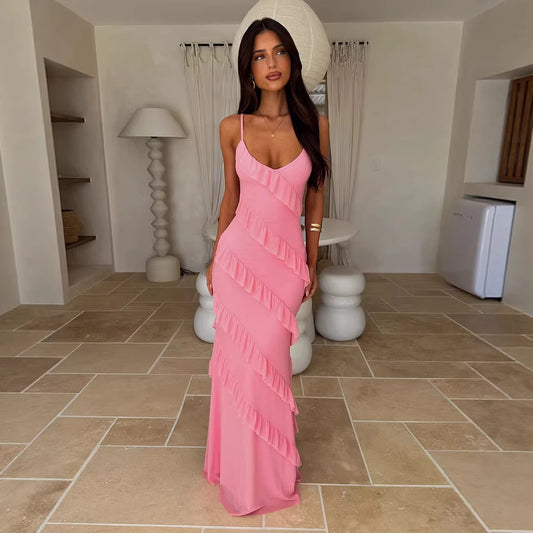 Backless Spaghetti-strap V-neck Dress With Side Slits