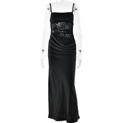 Sexy Chic Strapless Lace-Patchwork Evening Gown Long Fashion Street-Style Slim-Fit Slip Dress With Open Back