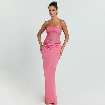 Sexy Chic Strapless Lace-Patchwork Evening Gown Long Fashion Street-Style Slim-Fit Slip Dress With Open Back