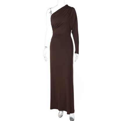 Fashionable Chic Asymmetrical Off-Shoulder One-Sleeve Pleated Maxi Dress