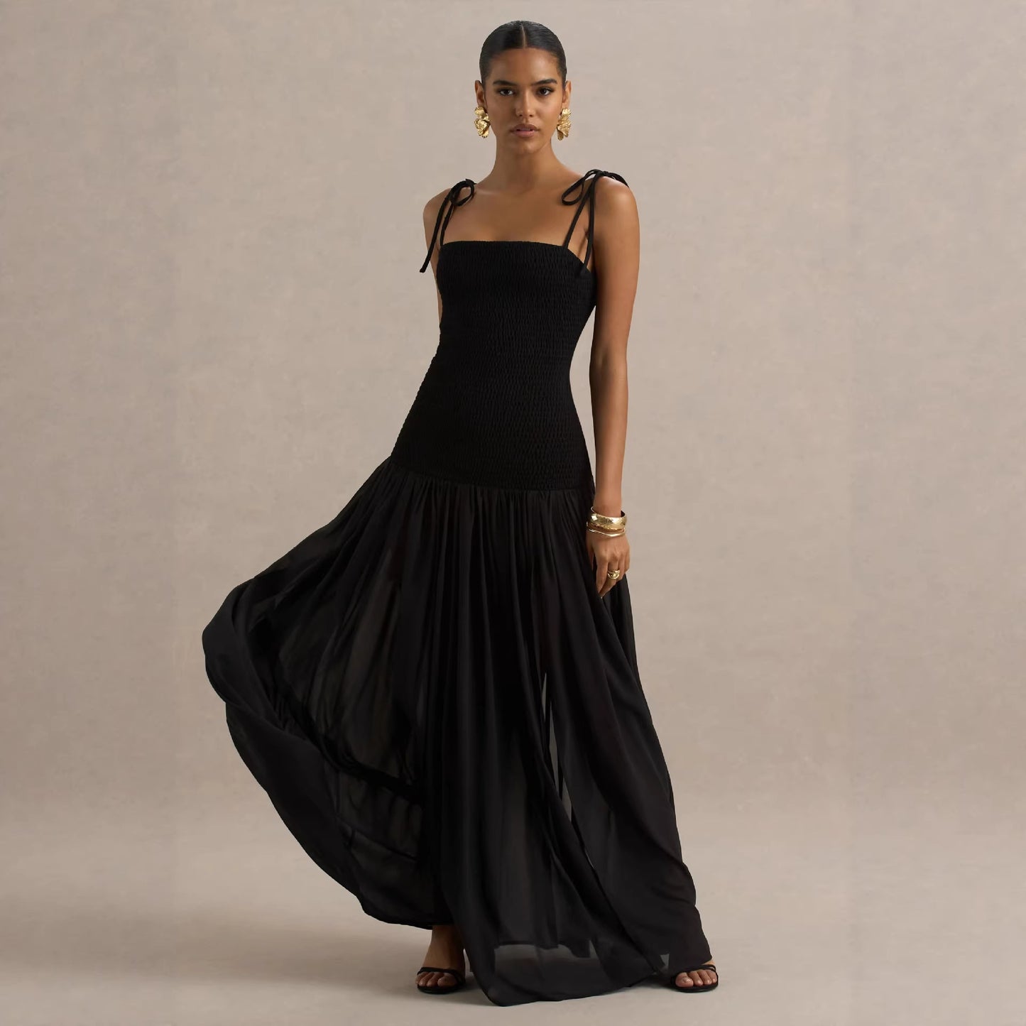 Womens Solid-Colored Sleeveless Slip Pleated Maxi Dress