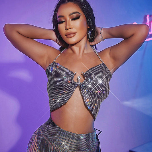 Popular Rhinestone Grid Super Shiny Top Vest