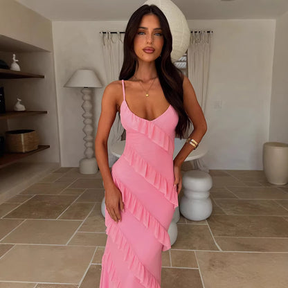 Backless Spaghetti-strap V-neck Dress With Side Slits