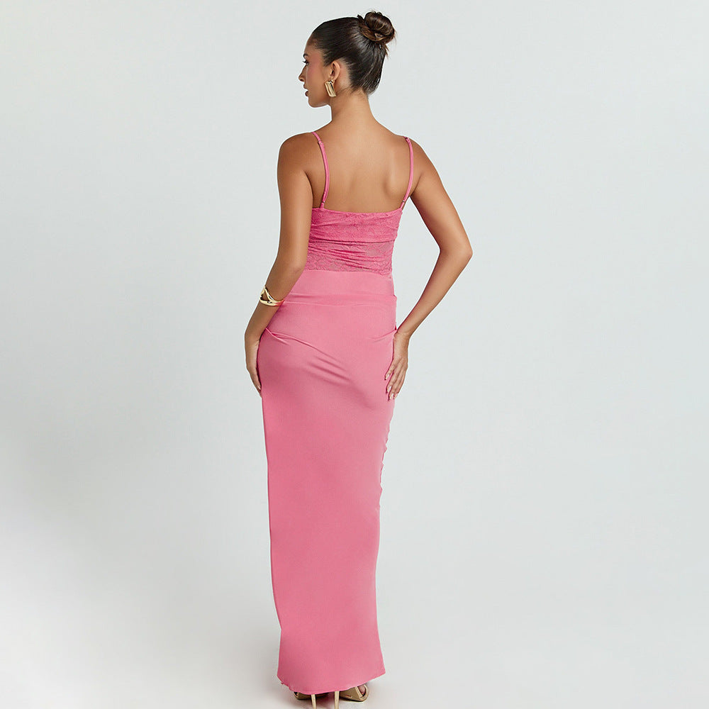 Sexy Chic Strapless Lace-Patchwork Evening Gown Long Fashion Street-Style Slim-Fit Slip Dress With Open Back