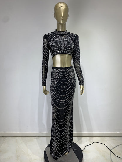 See-through Rhinestone Short Top High Waist Skirt Suit